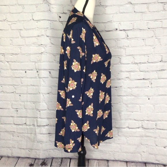 LOFT Navy Faraway Floral Split Neck Tunic Long Sleeve Roll Tab Pullover Small - Picture 12 of 16